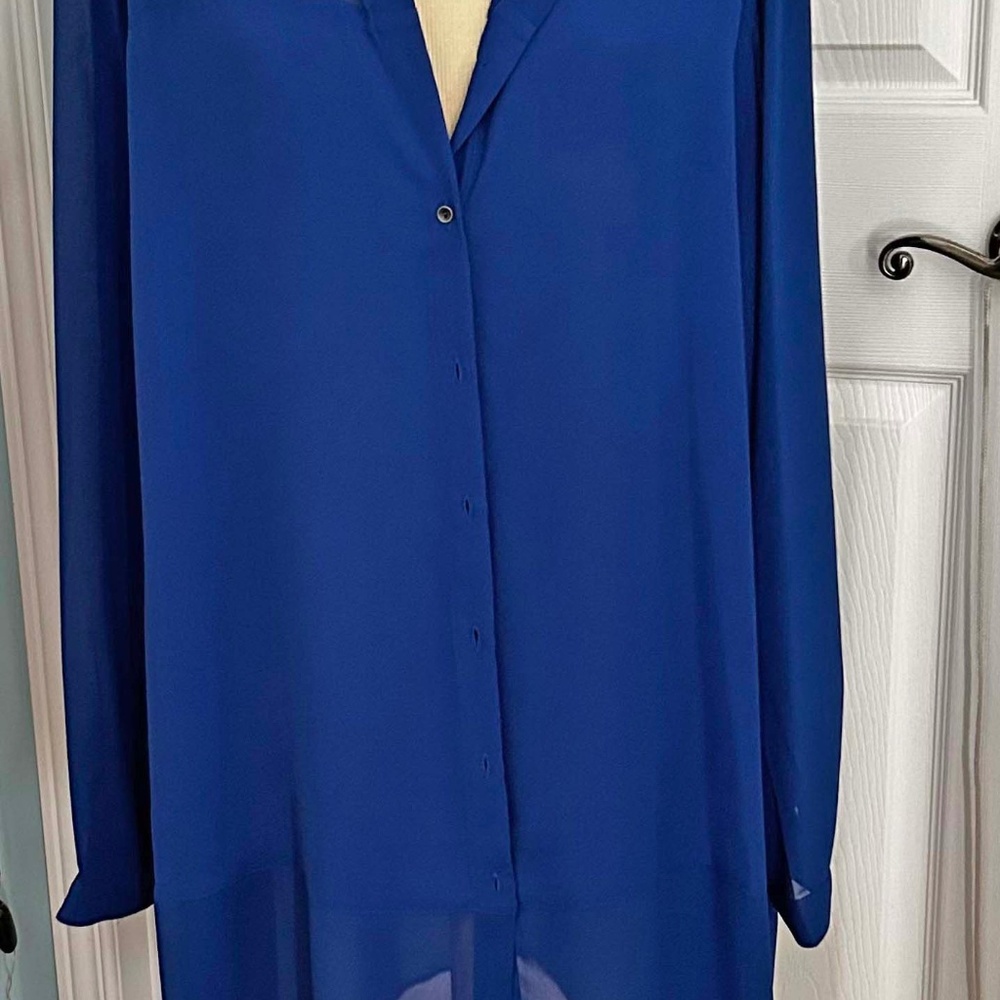 CHIFFON BLOUSE, COBALT BLUE, SIZE 24, CREPE MIDSECTION, LONG SLEEVES WITH BUTTON